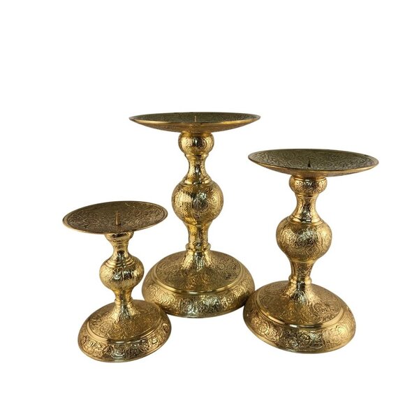 Large Elegant Brass Candle Holders Set Of Three Antique Style 4-6.5 inches wide - Picture 1 of 15